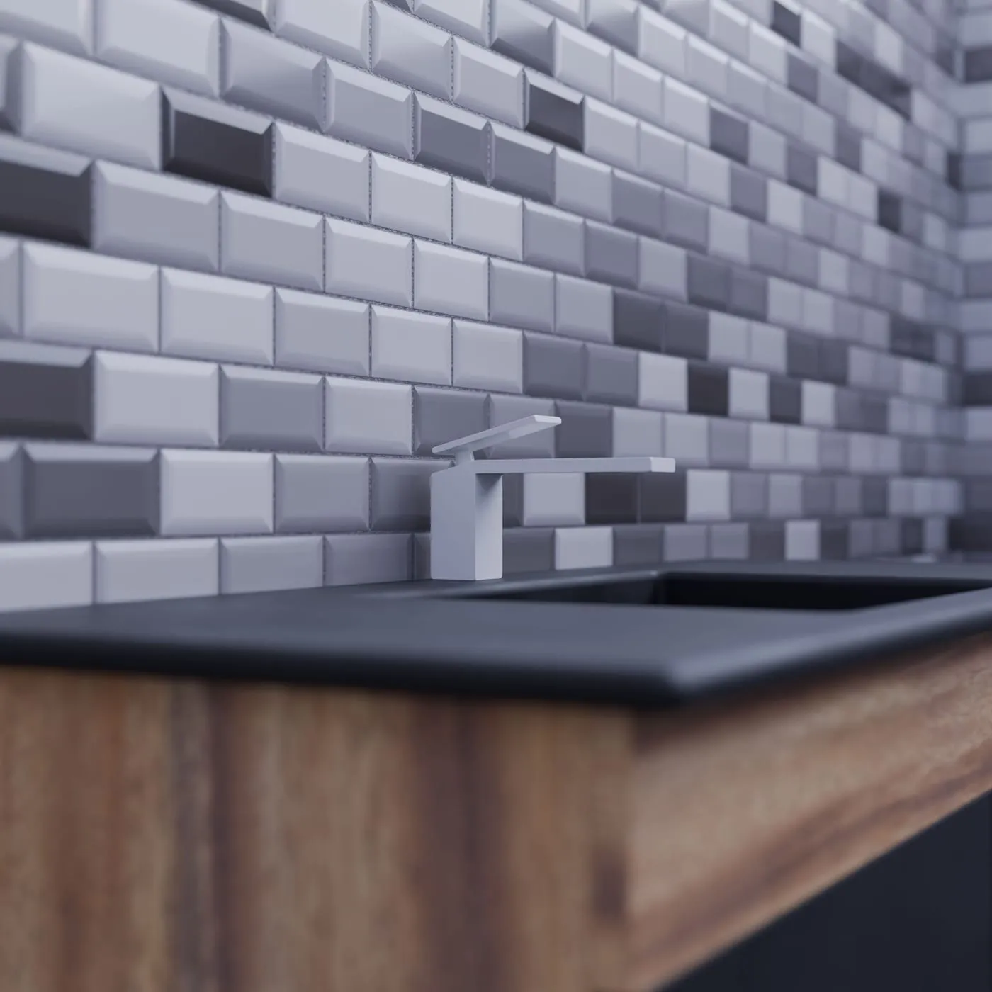 Large-format tiles run from floor up the wall to make a compact bathroom read as one surface